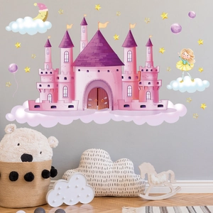 Pink cartoon castle and moon wall stickers for a cozy nursery or child room decor