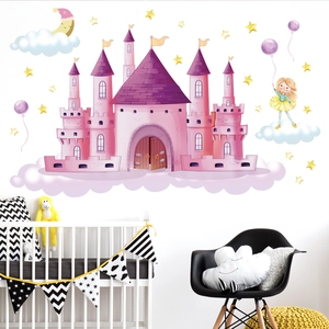 Pink cartoon castle and girl wall stickers for children bedroom nursery decoration