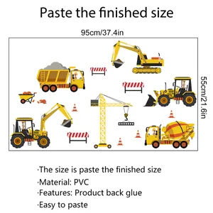 Size chart showing dimensions of 95x55cm for construction vehicle PVC wall stickers