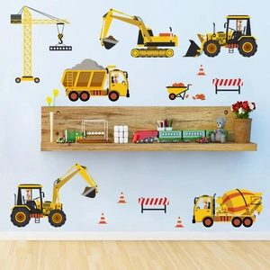 Cartoon construction vehicle wall stickers featuring yellow excavators for nursery decor