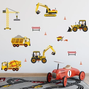 Construction site wall decals with excavators and cranes for boys' bedroom decoration