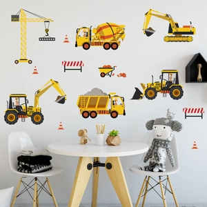 Detailed construction vehicle wall decals featuring cartoon excavators for nursery decor