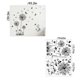 Size guide for dandelion and cat wall decals showing dimensions 115x100cm after assembly