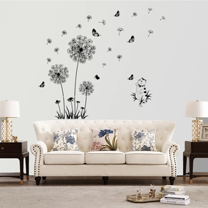 Modern black PVC wall decals with dandelion butterfly and cat patterns for living room