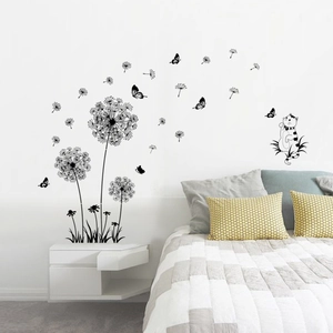 Black dandelion and butterfly wall stickers with cat for minimalist bedroom wall decoration