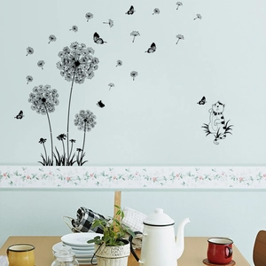 Black dandelion and cat wall decals set for cozy living room sofa background decor