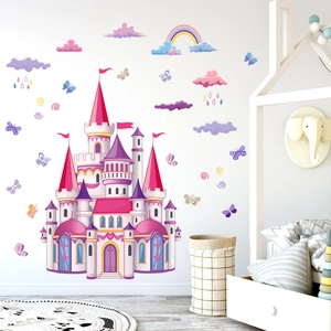 Sticker mural château de conte de fées avec arc-en-ciel et nuages pour chambre d'enfant