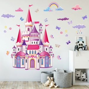 Stickers muraux château de rêve rose avec arc-en-ciel pour déco de chambre d'enfant