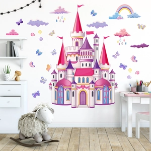 Stickers muraux château rose de conte de fées avec arc-en-ciel pour chambre d'enfant