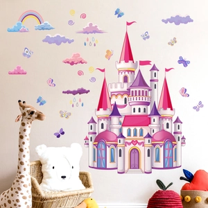 Autocollant Mural Château De Conte De Fées Dessin Animé PVC Imperméable Rose Violet Décor Arc-En-Ciel Pour Chambre Enfant