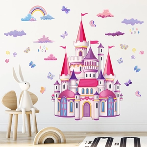 Stickers muraux château féerique avec arc-en-ciel et papillons pour chambre d'enfant
