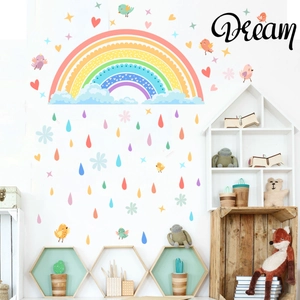 Rainbow wall stickers with clouds and colorful raindrops for kids nursery decor