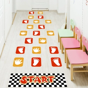Colorful kids sensory path floor decals with handprints, footprints and start sign for play