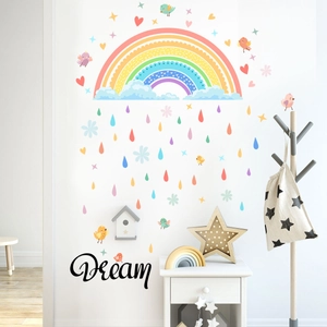 Rainbow wall stickers with colorful raindrops and Dream text for nursery wall decor