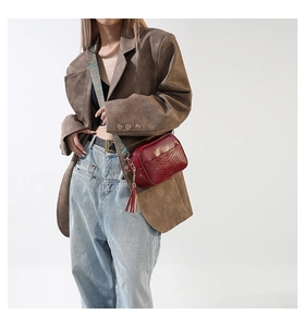 Dark red square crossbody bag with V-quilted texture and ethnic pattern wide strap