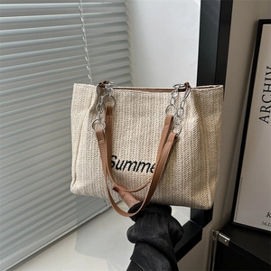 Large capacity woven straw tote bag with Summer embroidery and brown leather handles