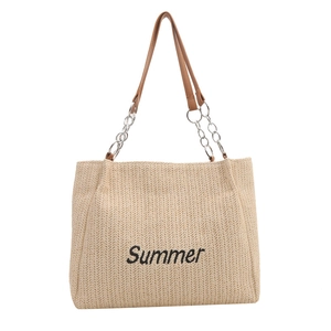 Large straw woven tote bag with Summer embroidery and chain leather handles