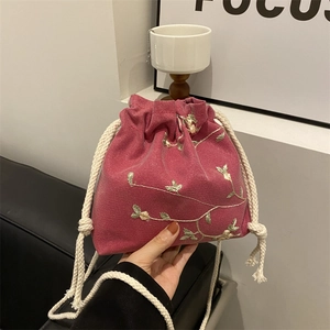 Borsa A Secchiello Tracolla Cotone Lino Ricamo Floreale Coulisse Crossbody Stile Pastorale Etnico Borsa Moda Donna