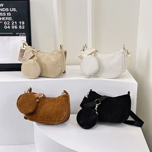 Fashionable corduroy half moon crossbody bags in khaki beige caramel and black