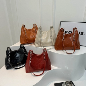 Sac Sous le Bras Mode Femme en Cuir PU Ciré Grande Capacité Sac à Épaule Rétro à Chaîne Tote Minimaliste Fourre-tout