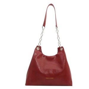 Elegant red PU leather tote bag with silver chain strap and gold logo for women