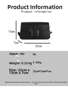 Detail showing dimensions of black PU leather crossbody bag with square buckle and chain strap