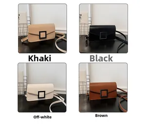 Detail showing solid color crossbody square bags in khaki, black, cream and brown