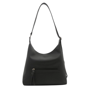 Large capacity black lychee leather hobo bag with front zipper and long fringe tassels