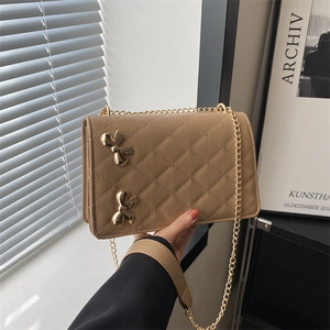 Women Quilted Rhombus Shoulder Bag With Bowknot Gold Chain Strap Fashion PU Leather Crossbody Small Square Bag