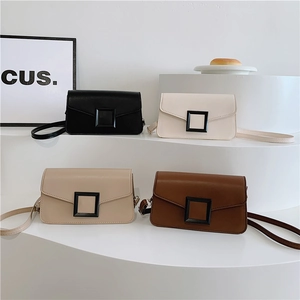 Minimalist square flap crossbody bags in four solid colors with matte black buckle detail