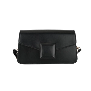 Minimalist black PU leather square shoulder bag with envelope flap and geometric buckle