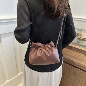 Dark brown pleated bucket bag with fine chain strap shown on model against a white wall