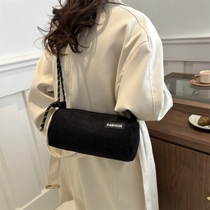 Women Corduroy Cylinder Shoulder Bag Retro Casual Crossbody Bag With Braided Rope Strap Fashion Label Small Commuter Bag