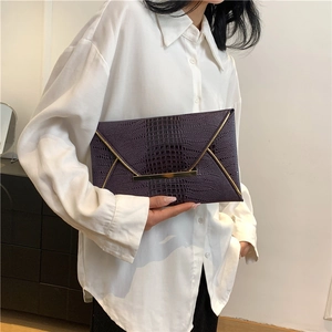 Elegant deep purple crocodile textured envelope clutch bag with gold metallic clasp