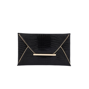 Elegant black crocodile-patterned envelope evening clutch with gold metal buckle decoration