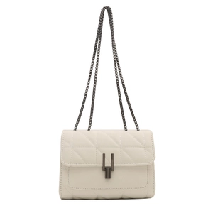 Cream quilted chain crossbody bag with H-shaped metal buckle and stitch pattern