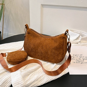 Corduroy Crescent Shoulder Bag And Round Coin Purse Crossbody Handbag Women Casual Retro Fashion Solid Color