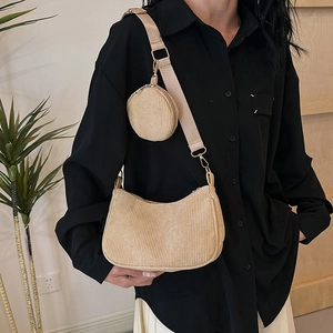 Beige corduroy crescent shoulder bag set with small round coin purse for women