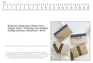 Ethnic straw woven wristlet bags showing floral embroidery and size specs of 27x18x3cm