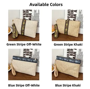 Detail view of woven straw clutch bags with bohemian straps in four color options