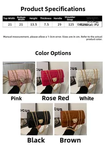 Size chart and dimensions for quilted PU leather chain bag in various colors