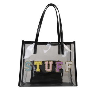 Fashionable transparent PVC tote bag with colorful STUFF lettering and inner pouch