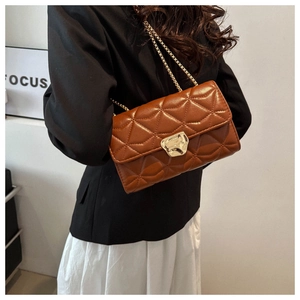 Close-up of brown quilted shoulder bag with gold chain strap and metal clasp detail