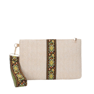 Straw clutch bag with bohemian floral embroidery and detachable wristlet strap