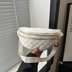 Women Fashion Quilted Nylon Waist Bag Double Gold Zipper Chest Bag Streetwear Adjustable Strap Travel Crossbody Bag
