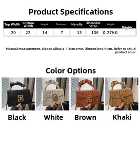Detailed size specifications for croc-pattern handbags with dimensions and color options