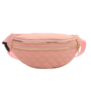 Pink quilted crossbody waist bag with double gold zippers and adjustable strap for women