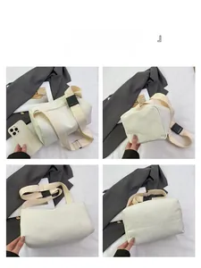 Detailed views of beige corduroy crossbody bag from multiple angles with wide strap