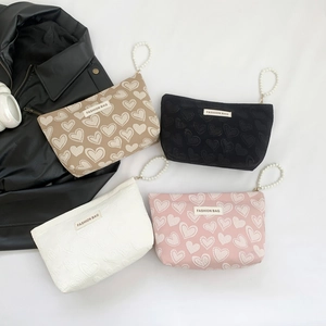 Fashion heart pattern canvas cosmetic bag with pearl handle and contrast colors set