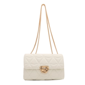 White quilted flap bag with golden chain strap and geometric metal buckle for women